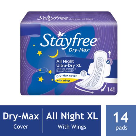 STAYFREE Dry-Max All Night Ultra - Thin Sanitary Pads With Wings - XL, 14 Pads