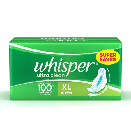 Whisper Sanitary Pads - XL Wings Clean Ultra, 30 Pads